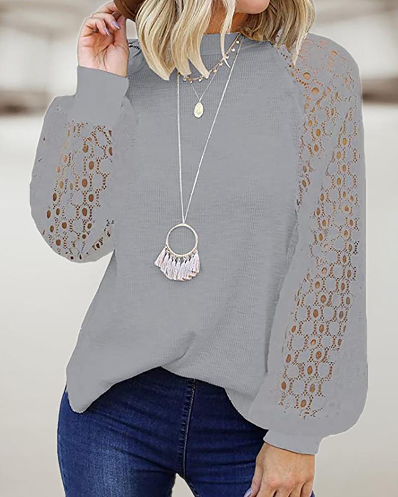 

Lantern Sleeve Crochet Lace Patch Top, Gray