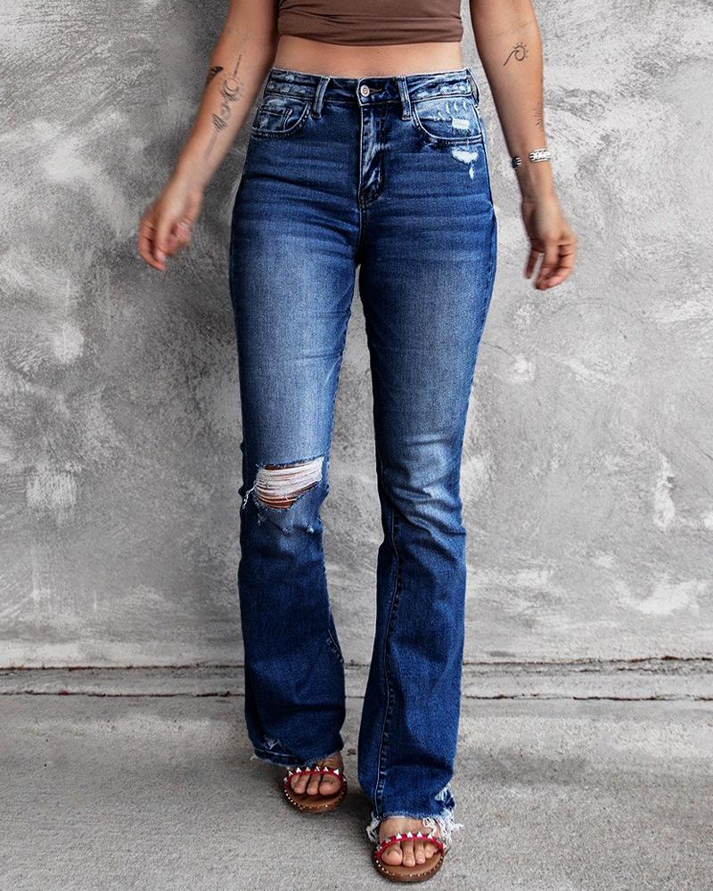 

High Waist Ripped Raw Hem Bootcut Jeans, Dark blue