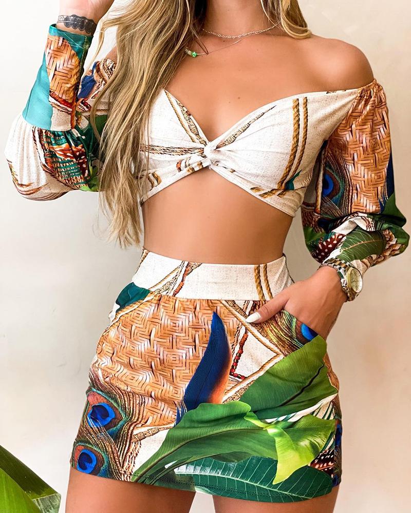 

Tropical Print Lantern Sleeve Twisted Top & Skorts Set, Multicolor