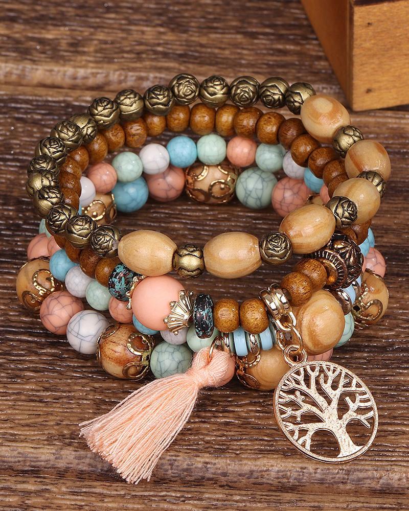 

1pc Hollow Out Plants Beaded Bohemian Multi-layer Bracelet, Pink