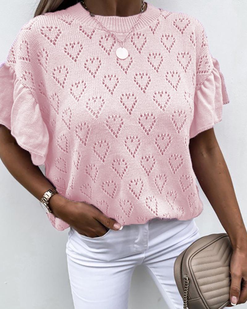 

Heart Pattern Hollow Out Ruffles Hem Short Sleeve Top, Light pink