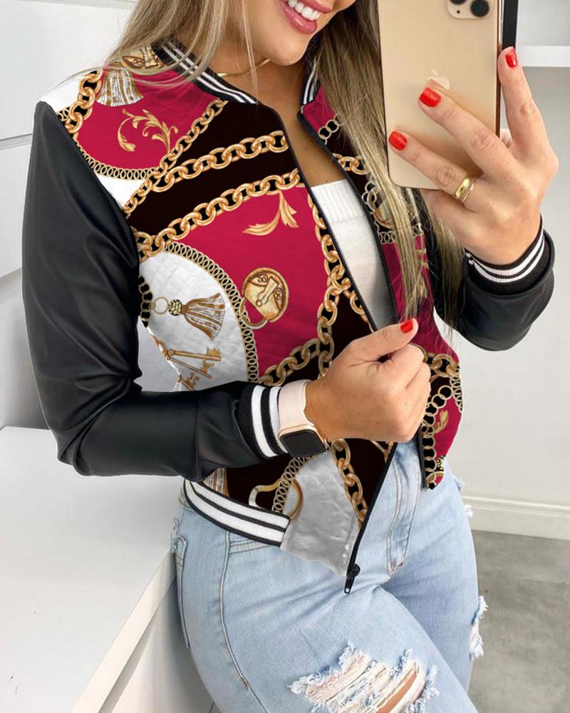 

Scarf Print Long Sleeve Zipper Design Baseball Jacket, Multicolor