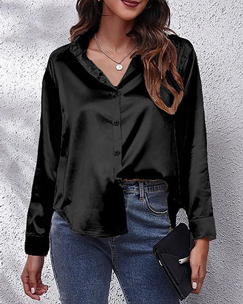 

Long Sleeve Buttoned Satin Work Top, Black