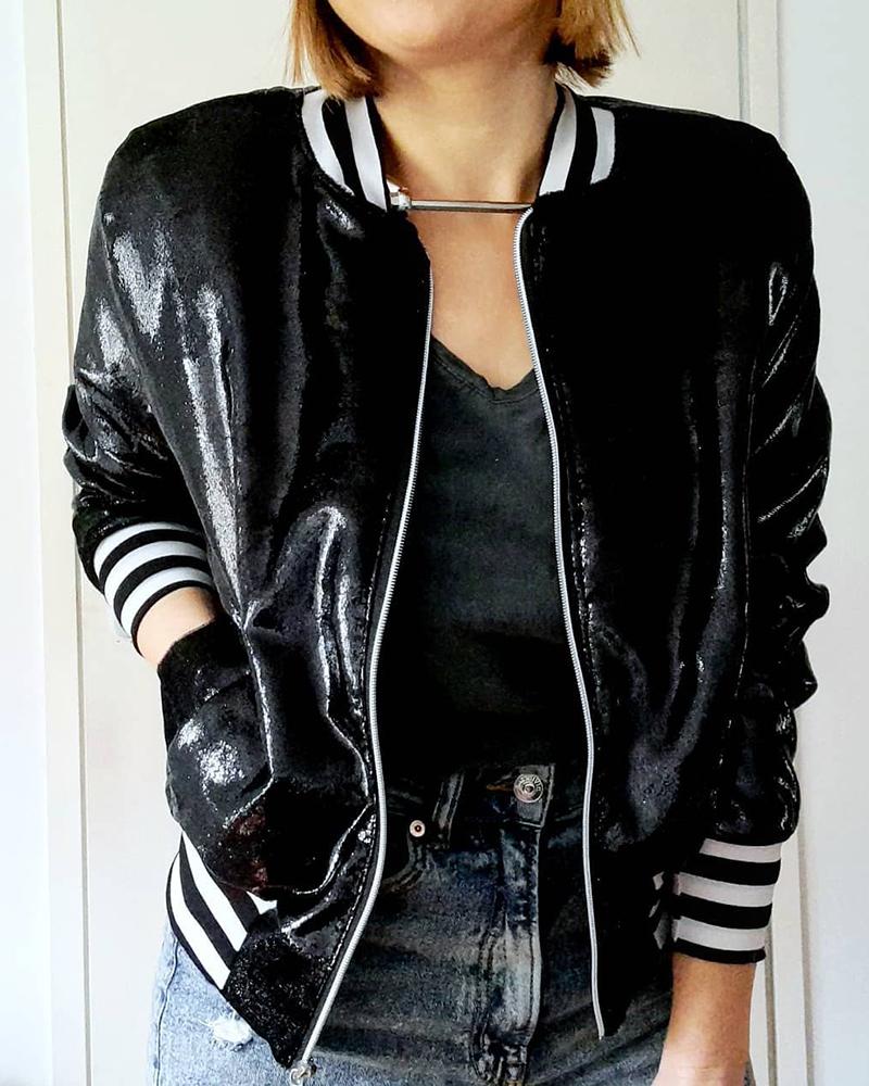 

Striped Zipper Design Baseball Jacket, Black