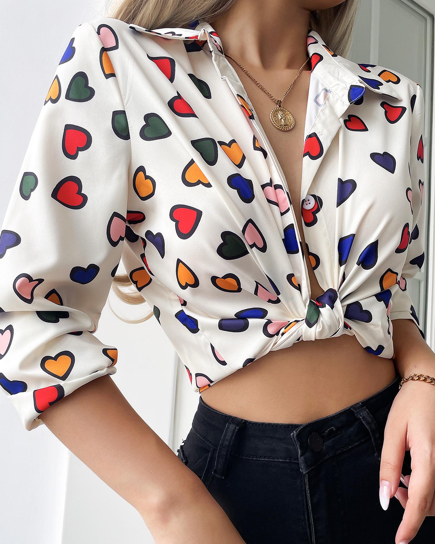 

Heart Print Long Sleeve Twisted Crop Shirt, Beige