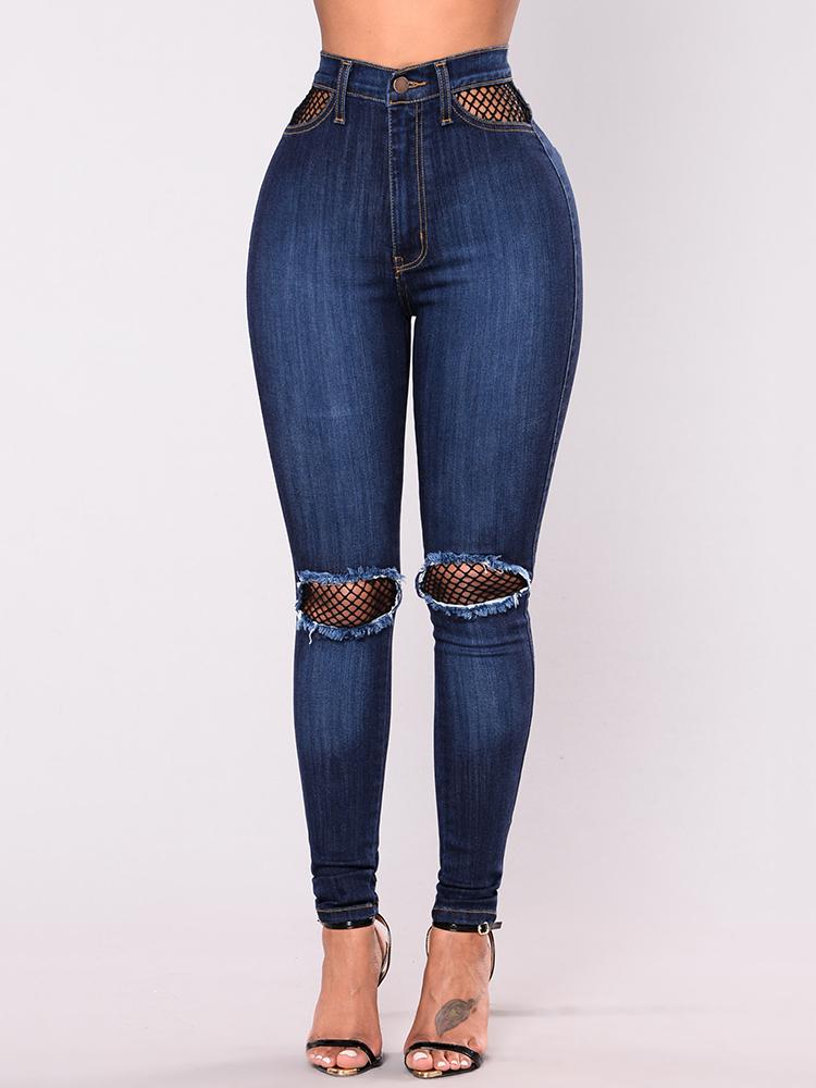 

Fishnet Panel Raw Cut High Waist Jeans, Dark blue