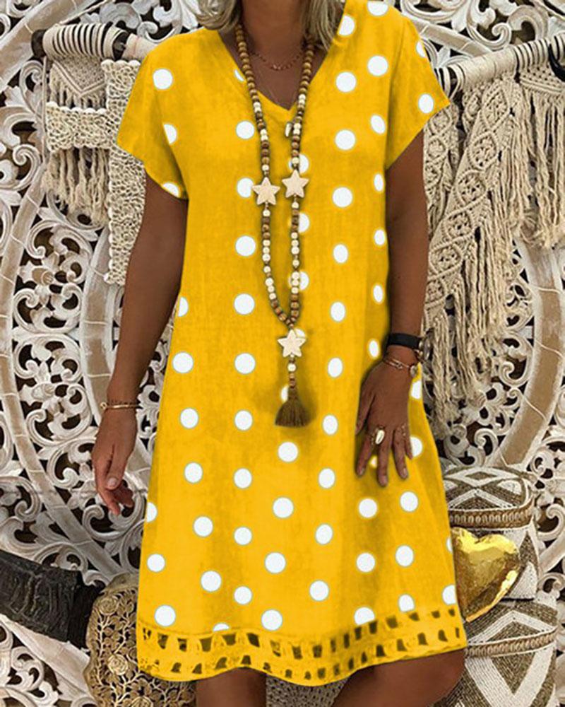 

Polka Dot Print V-Neck Casual Dress, Yellow
