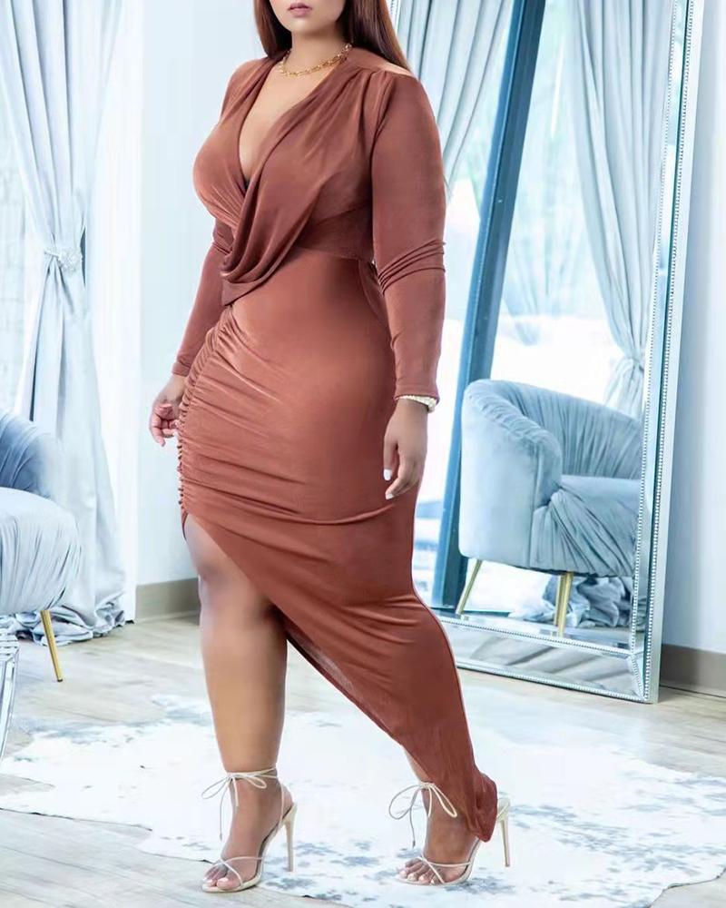 

Plunge Cross Front Ruched Asymmetrical Maxi Dress, Brown