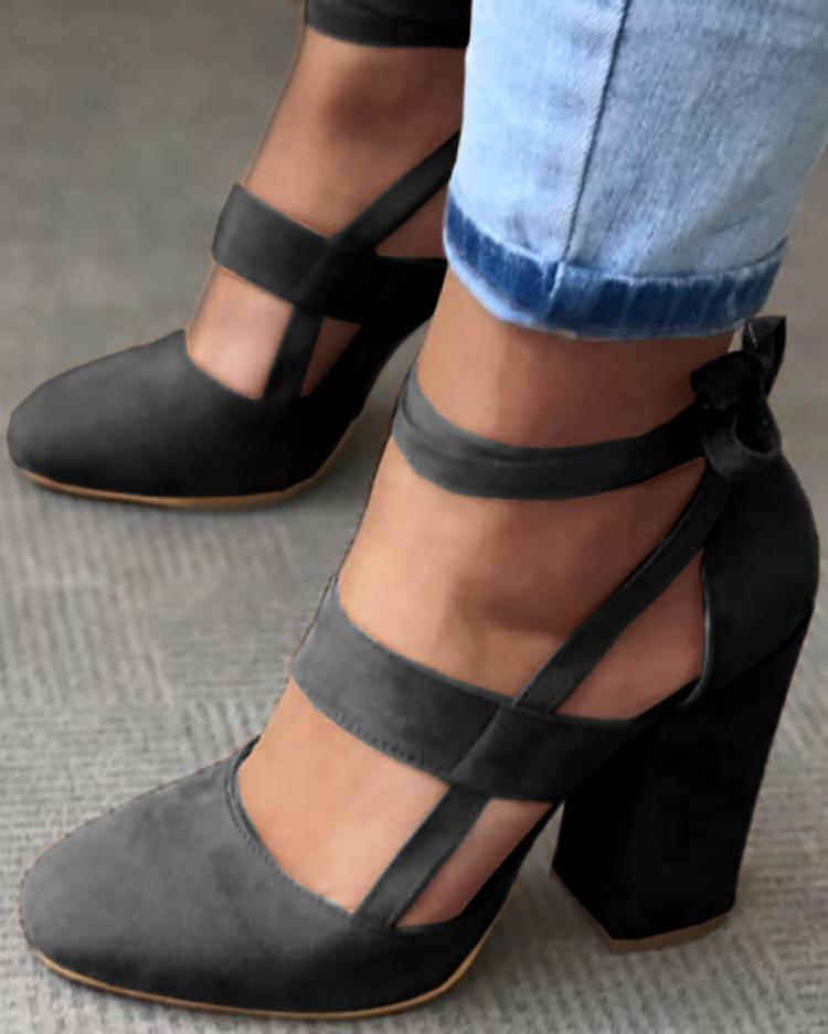 

Fashion Caged Chunky Heels Shoes, Wine red