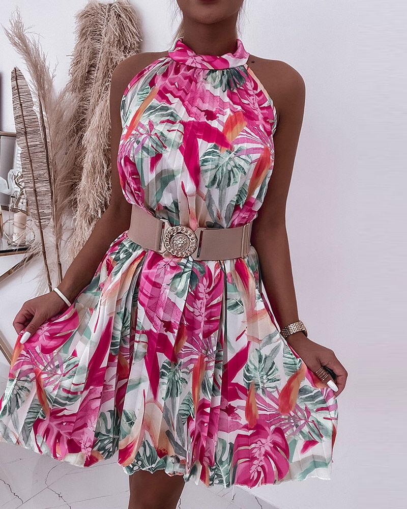 

Tropical Print Sleeveless Pleated Casual Dress, Hot pink