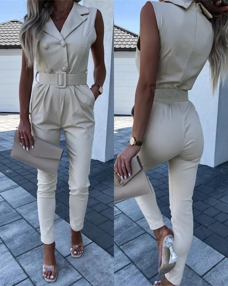 

Notched Collar Pocket Button Design Jumpsuit, Apricot