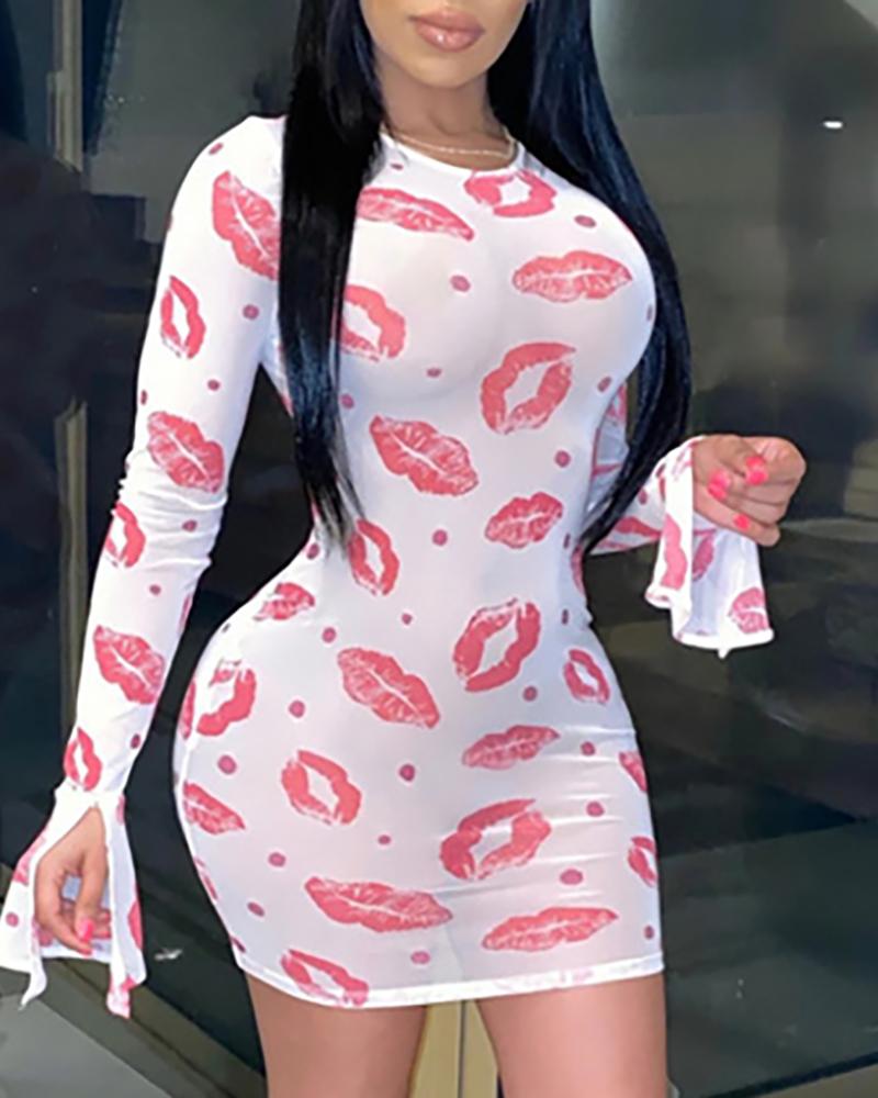 

Lip Print Sheer Mesh Long Sleeve Bodycon Dress, White