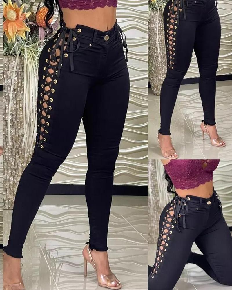

Eyelet Lace Up Button Design Skinny Pants, Black