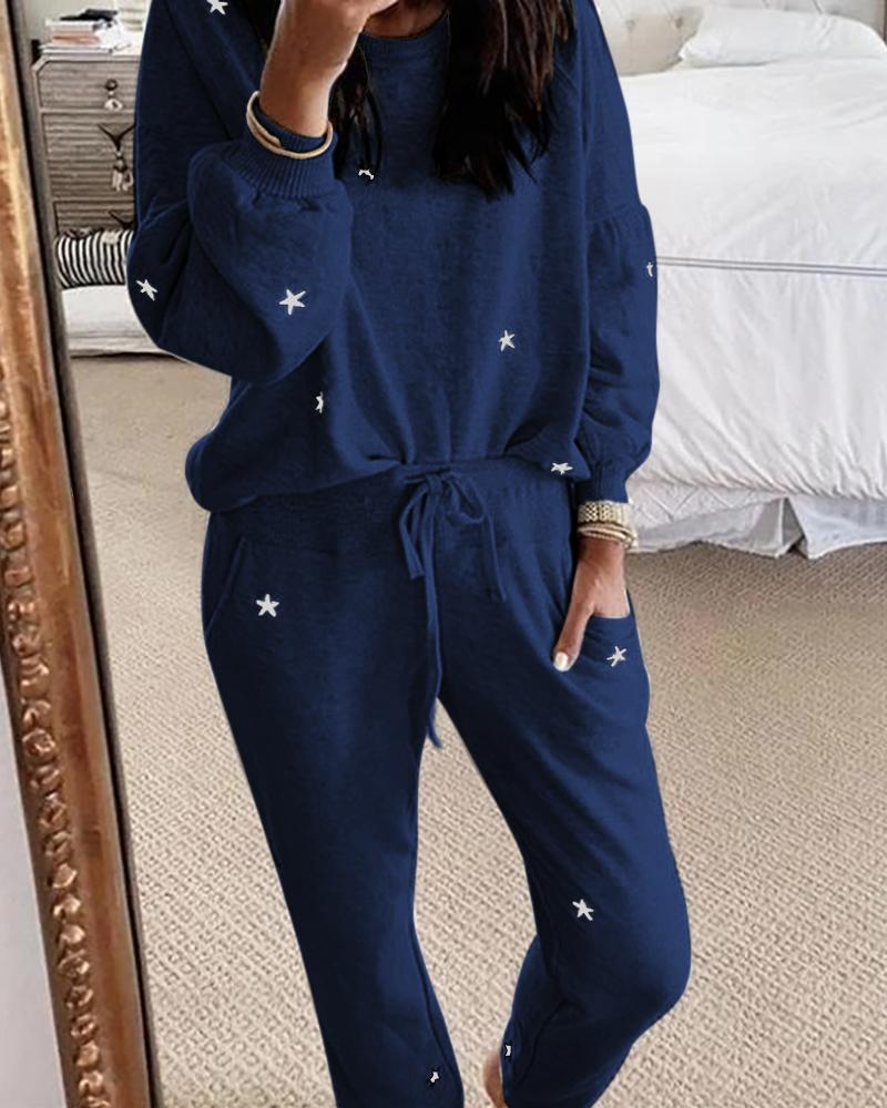 

Star Print Long Sleeve Casual Top & Pant Set, Purplish blue