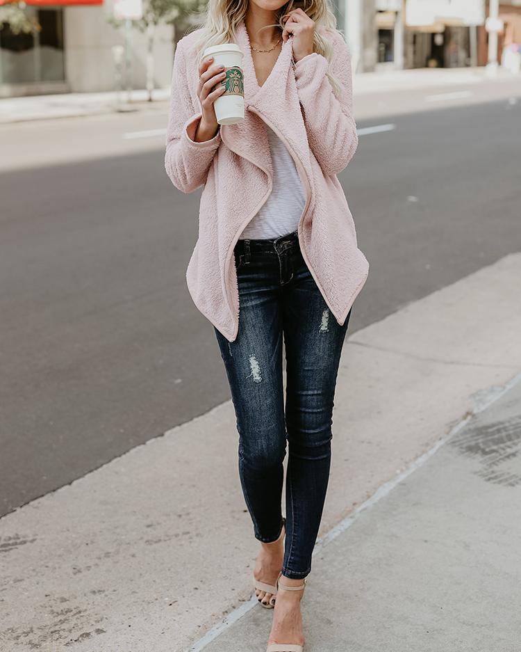 

Stylish Warm Zipper Closure Fluffy Coat, Pink