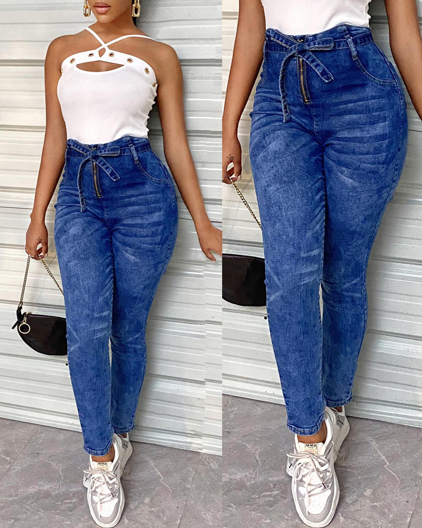 

High Waist Drawstring Skinny Jeans, Blue