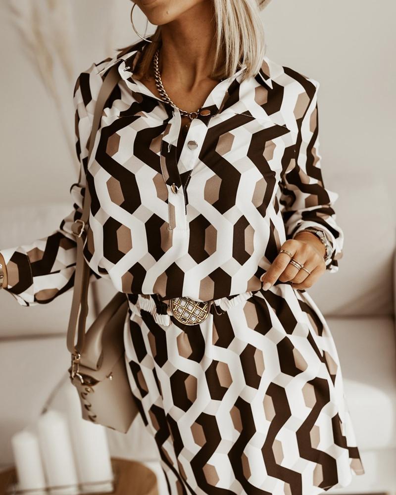 

Geometric Print Long Sleeve Shirt Dress, Khaki
