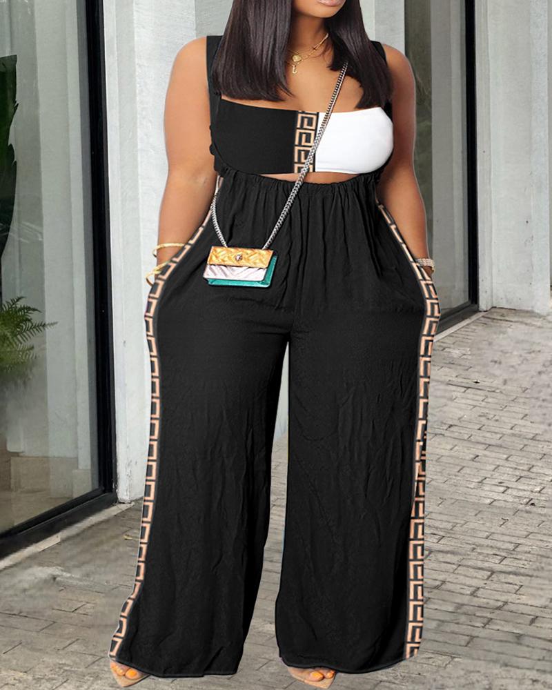 

Plus Size Colorblock Geometric Print Crop Top & Suspender Jumpsuit Set, Black