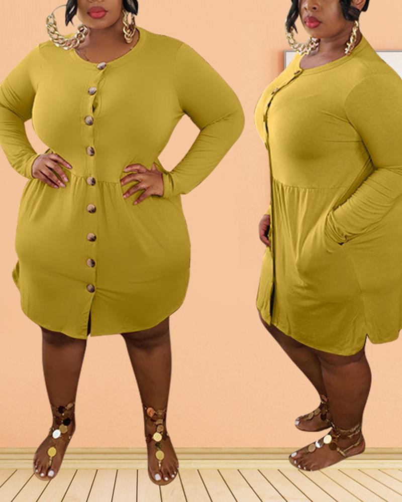 

Plus Size Button Front Long Sleeve Casual Dress, Yellow