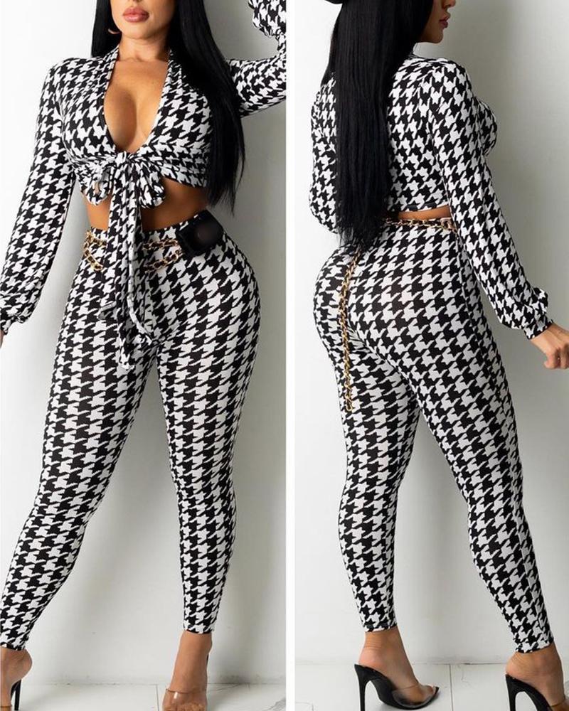 

Houndstooth Print Knot Front Crop Top & Pants Set, Blackwhite