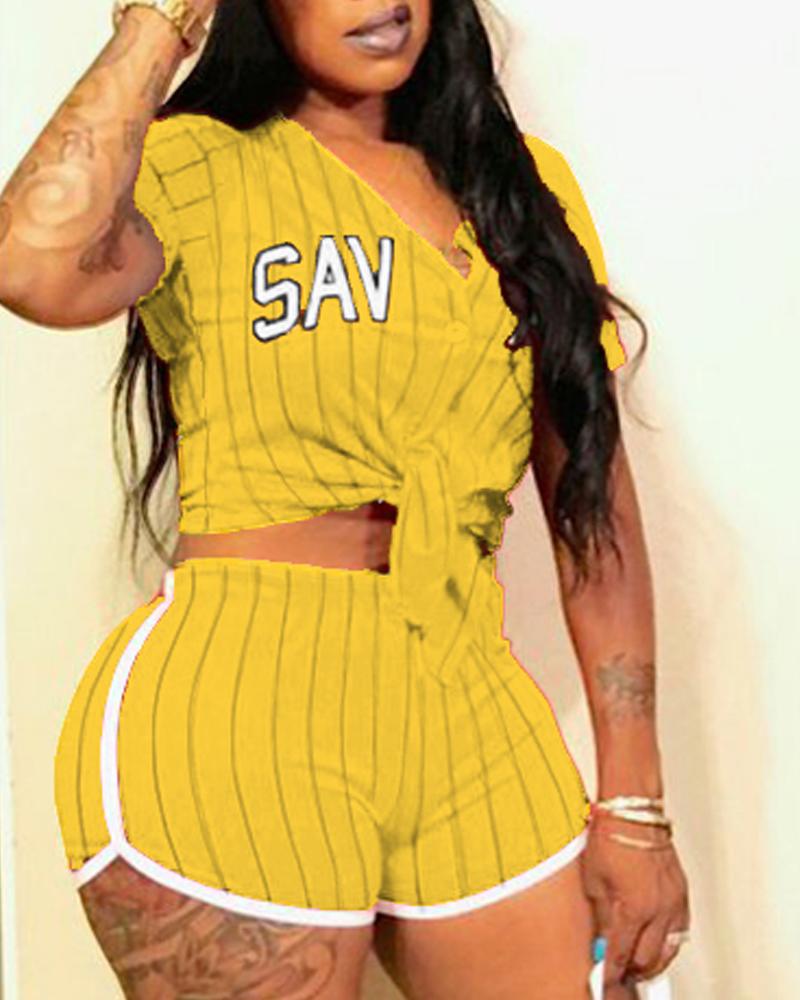 

Striped Letter Print Buttoned Top & Shorts Set, Yellow