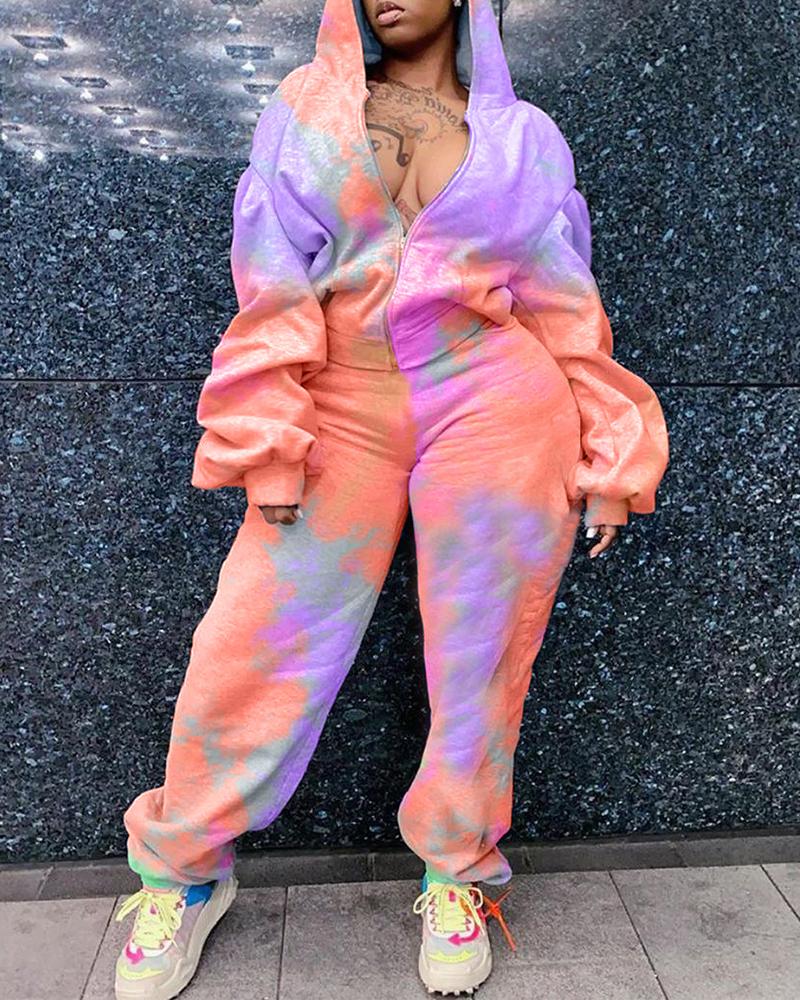 

Tie Dye Print Zipper Design Hooded Top & Pants Set, Style1