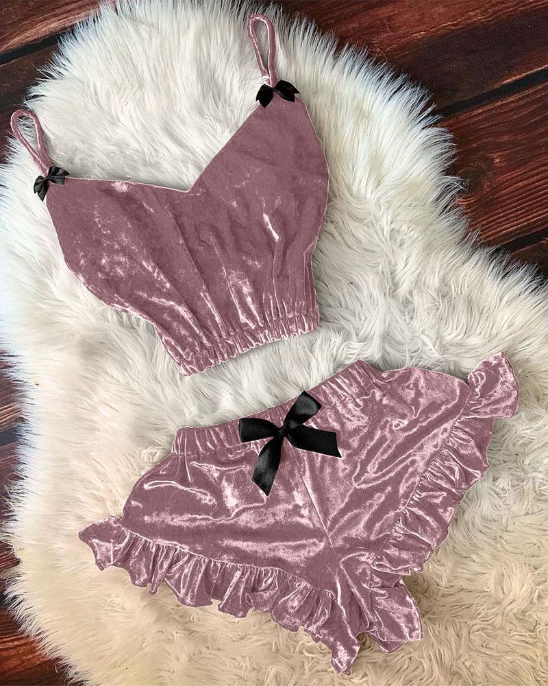

Velvet Bowknot Decor Ruffle Hem Cami Set, Pink