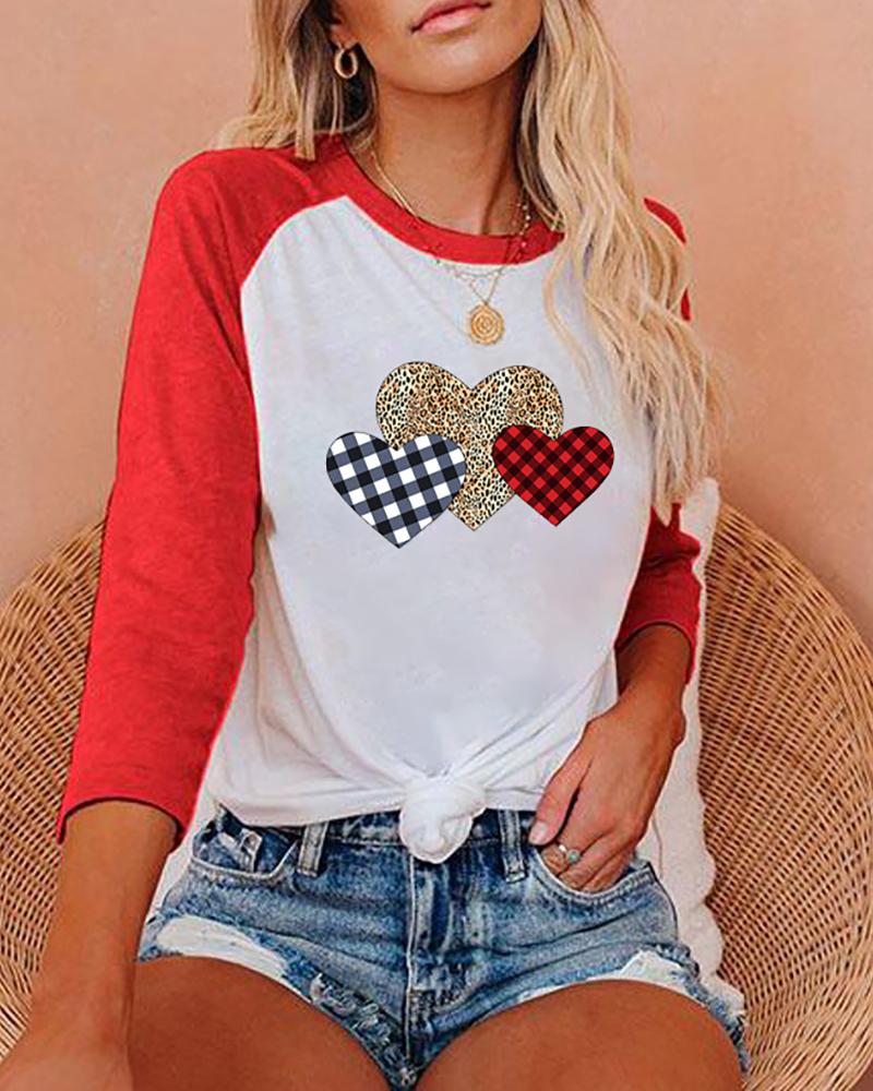 

Heart Plaid Cheetah Print Colorblock Top, Red