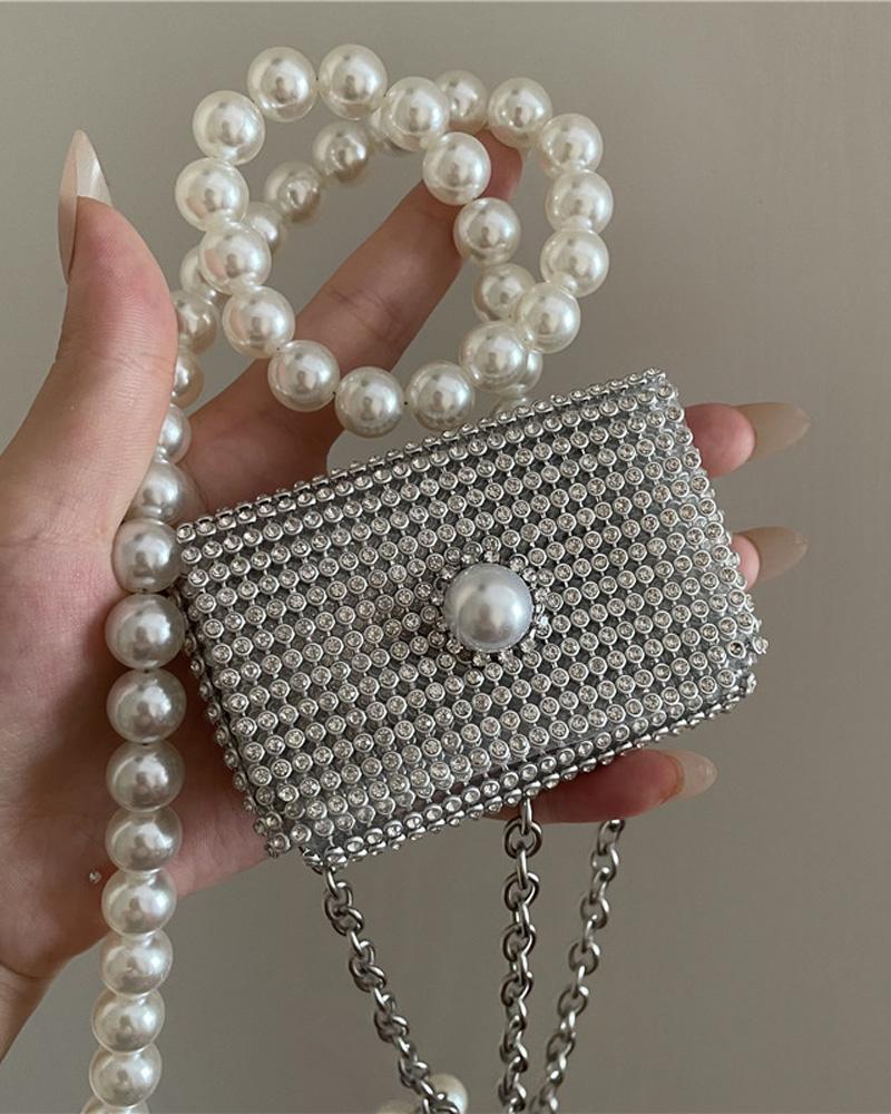 

Rhinestone Pearls & Chain Strap Mini Shoulder Bag, Silver