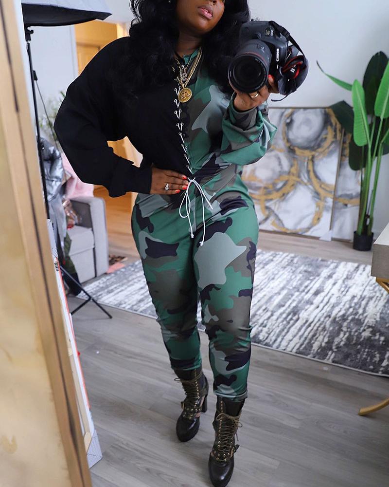 

Camouflage Print Tied Detail Colorblock Sweatshirt & Pants Set, Camoflage