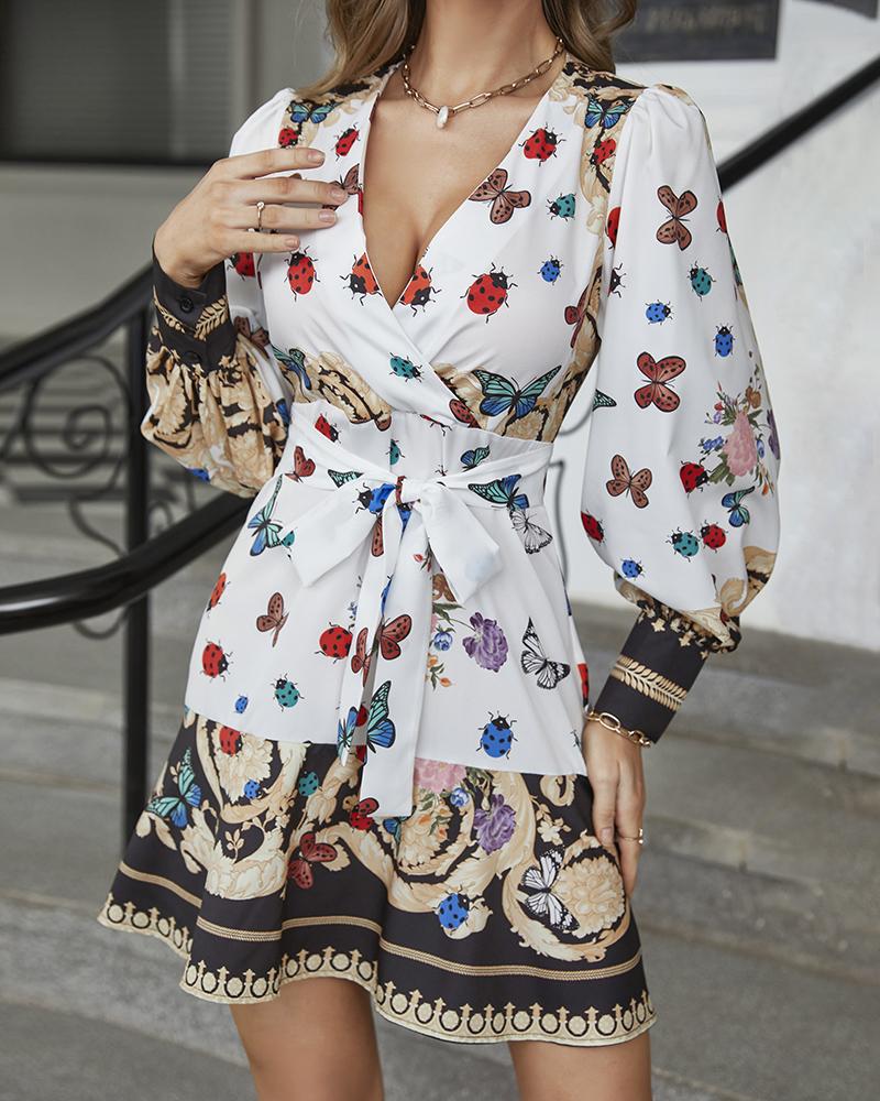 

Butterfly Baroque Print Puff Sleeve Dress With Belt, Multicolor