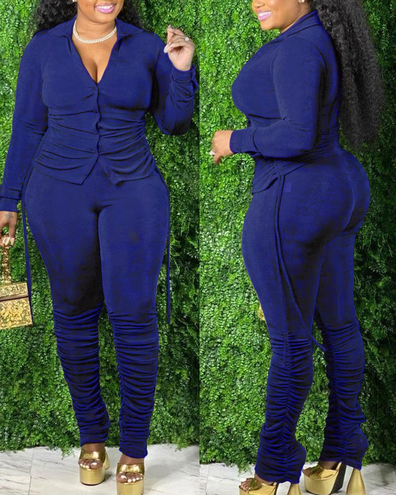 

Ruched Long Sleeve Top & High Waist Pants Set, Blue