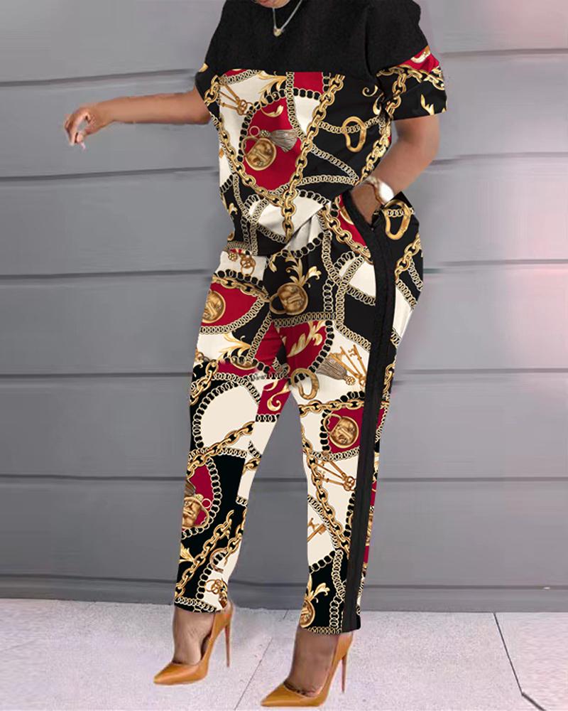 

Plus Size Scarf Chain Print Casual Top & Pants Set, Black