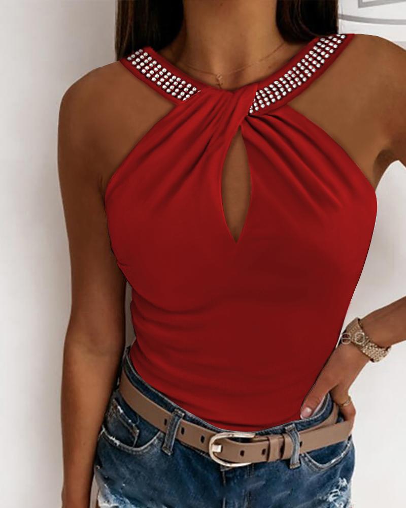 

Rhinestone Decor Keyhole Neck Tank Top, Red