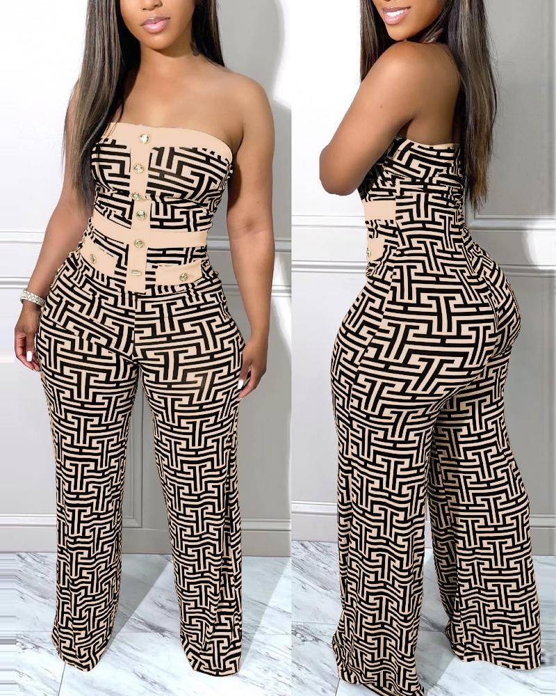 

Geometric Print Button Decor Tube Jumpsuit, Khaki