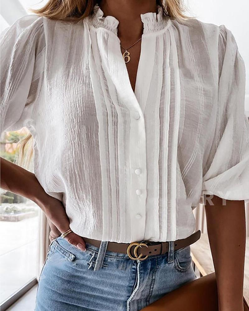 

Button Front Frill Hem Lantern Sleeve Shirt, White