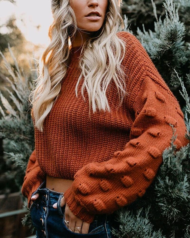 

Solid Long Sleeve Loose Knitted Cropped Sweater, Orange