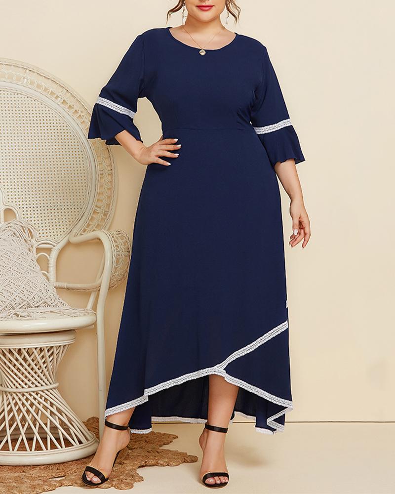 

Plus Size Contrast Lace Ruffle Hem Half Sleeve Maxi Dress, Dark blue
