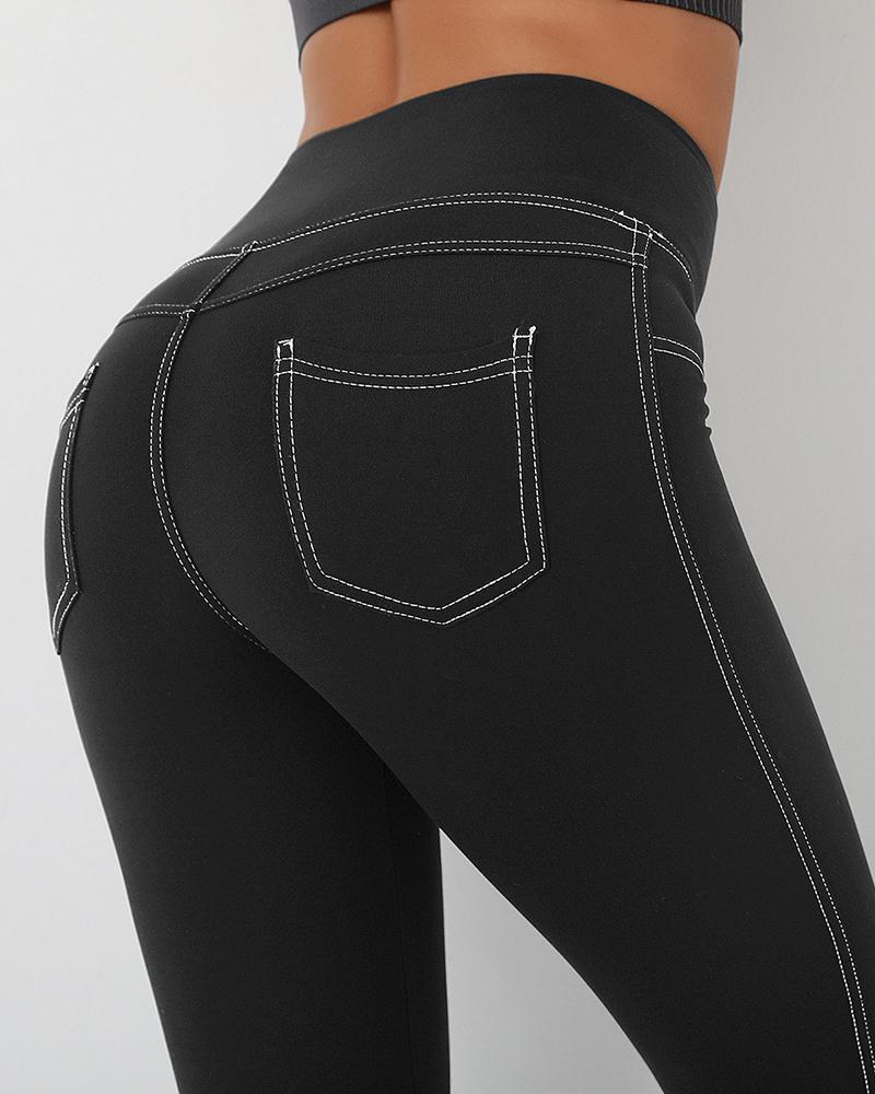 

Pocket Design High Waist Denim Print Active Pants, Black