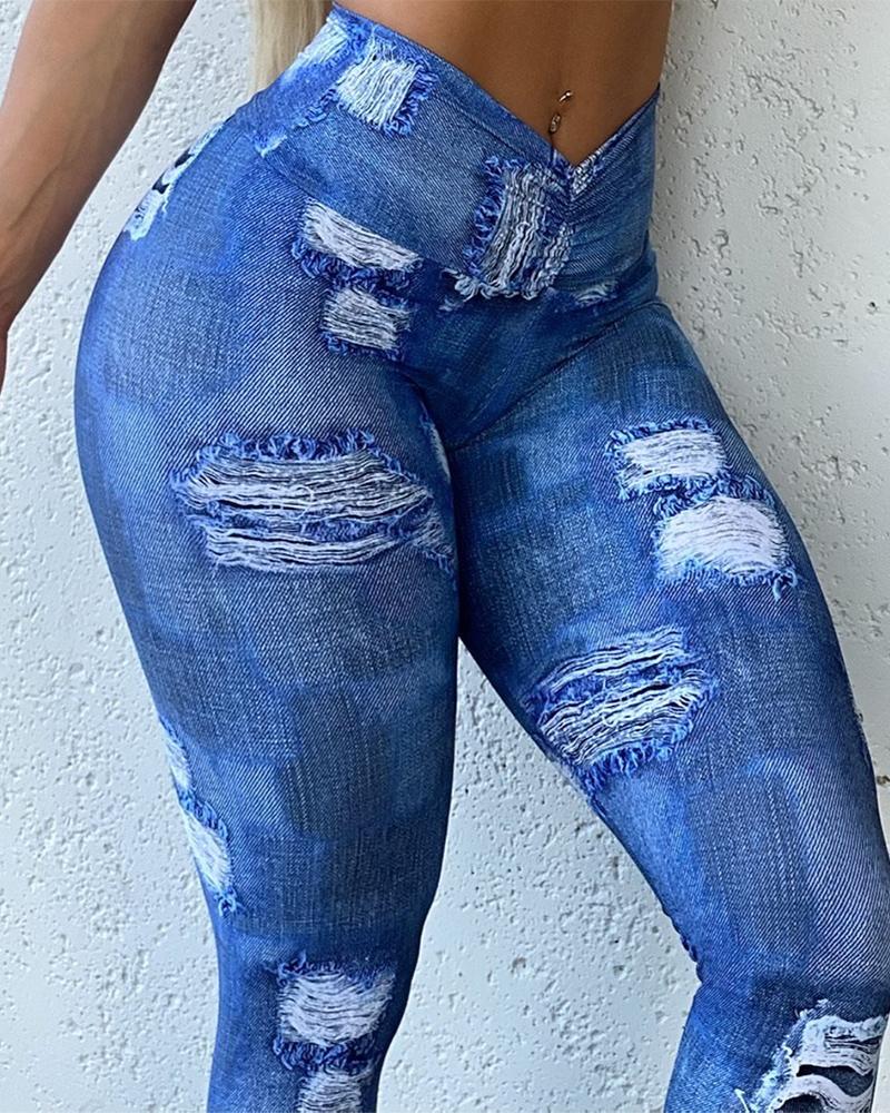 

Women' Leggings Faux Denim Printed High Waist Ripped Butt Lifting Yoga Pants, Blue