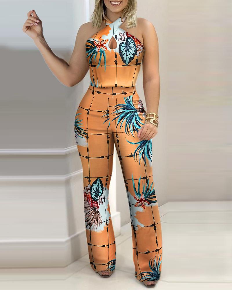 

Halter Cutout Front Tropical Print Top & Pants Set, Multicolor