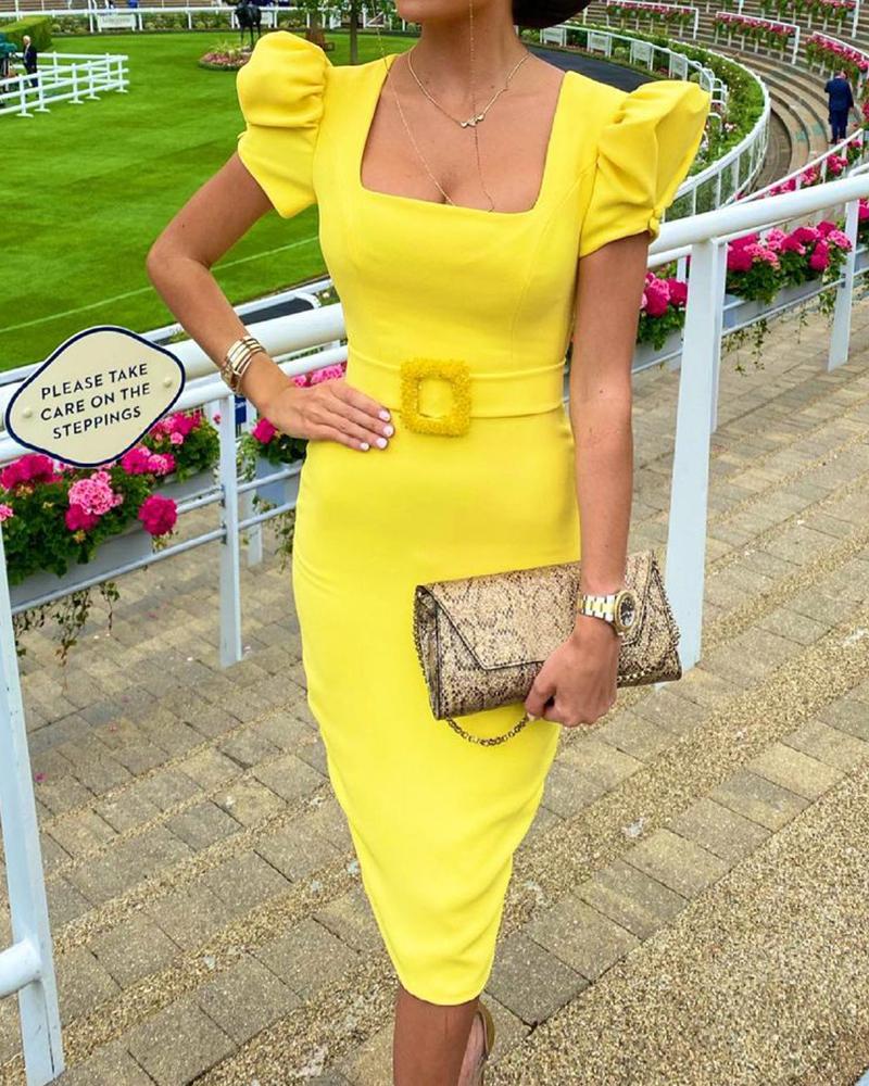 

Puff Sleeve Square Neck Slit Midi Dress With Belt, Yellow