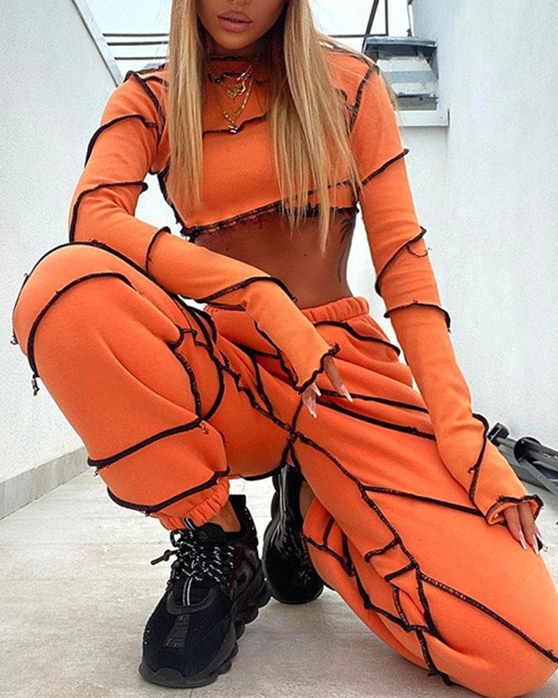 

Contrast Stitch Long Sleeve Crop Top & Drawstring Sweatpants Set, Orange
