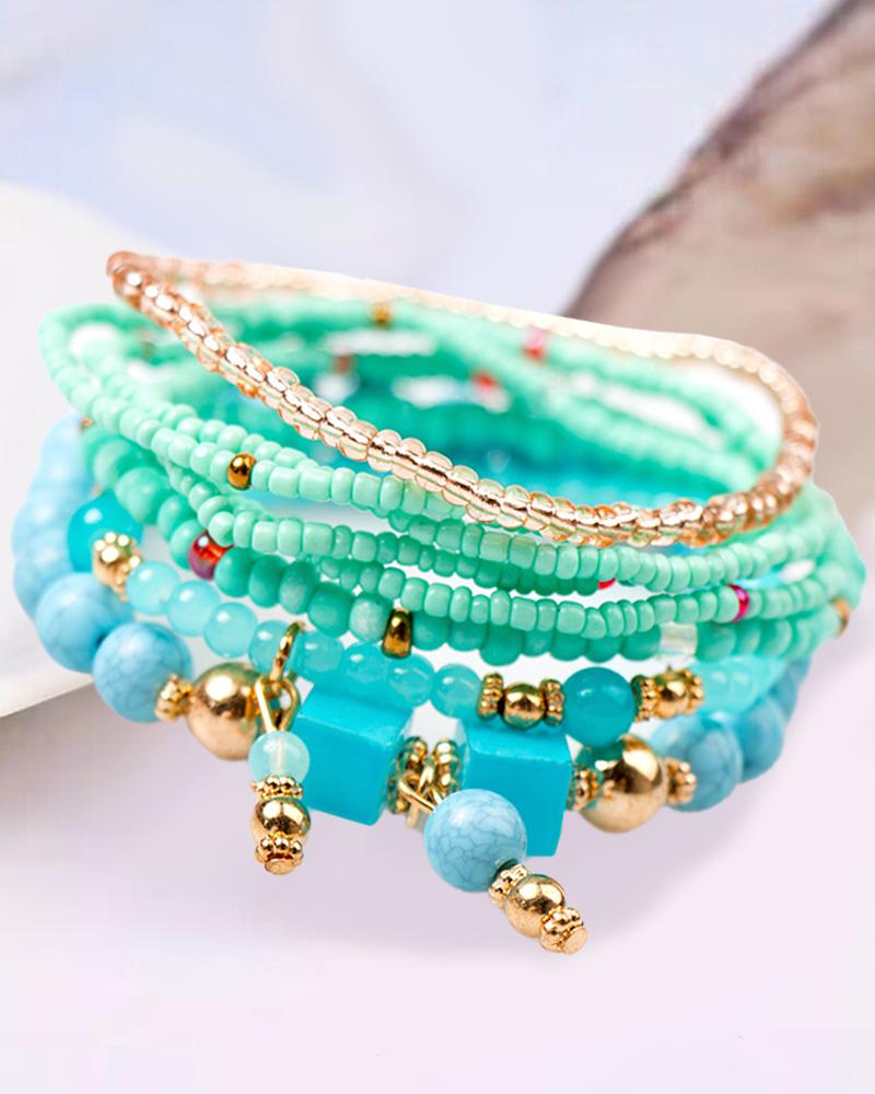 

1pcs Bohemian Multi-layer Beaded Crystal Stone Bracelet, Turquoise blue