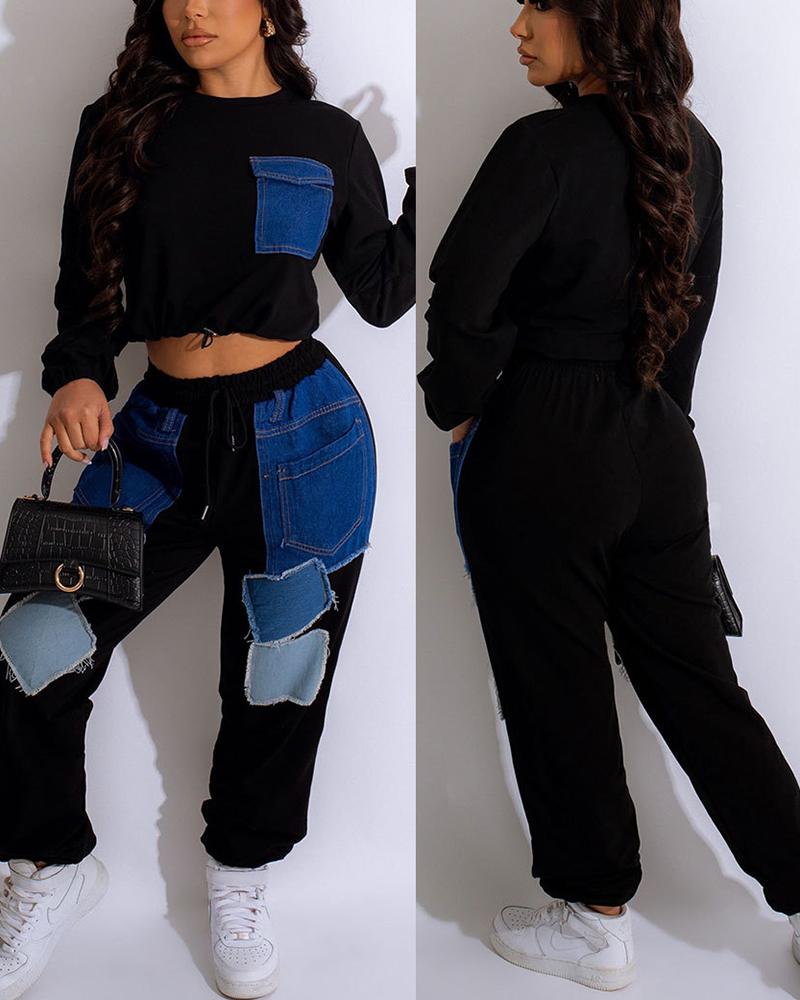

Denim Ptach Top & Pocket Design Drawstring Sweatpants Set, Black