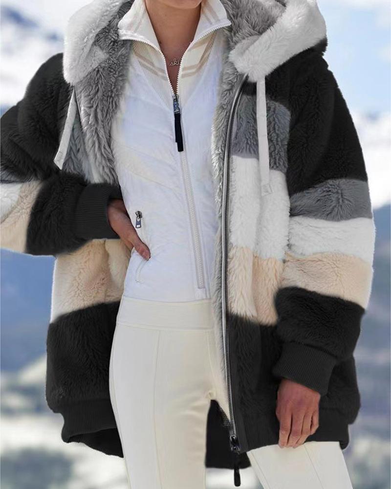 

Colorblock Long Sleeve Hooded Teddy Coat, Black