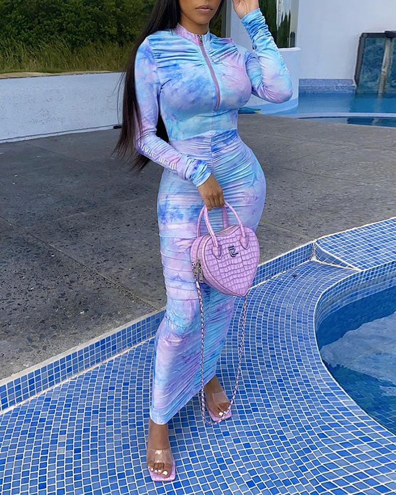 

Tie-dye Printing Long Sleeve Dress, Blue