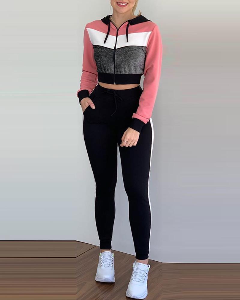 

Colorblock Zipper Design Hooded Top & High Waist Pants Set, Pink