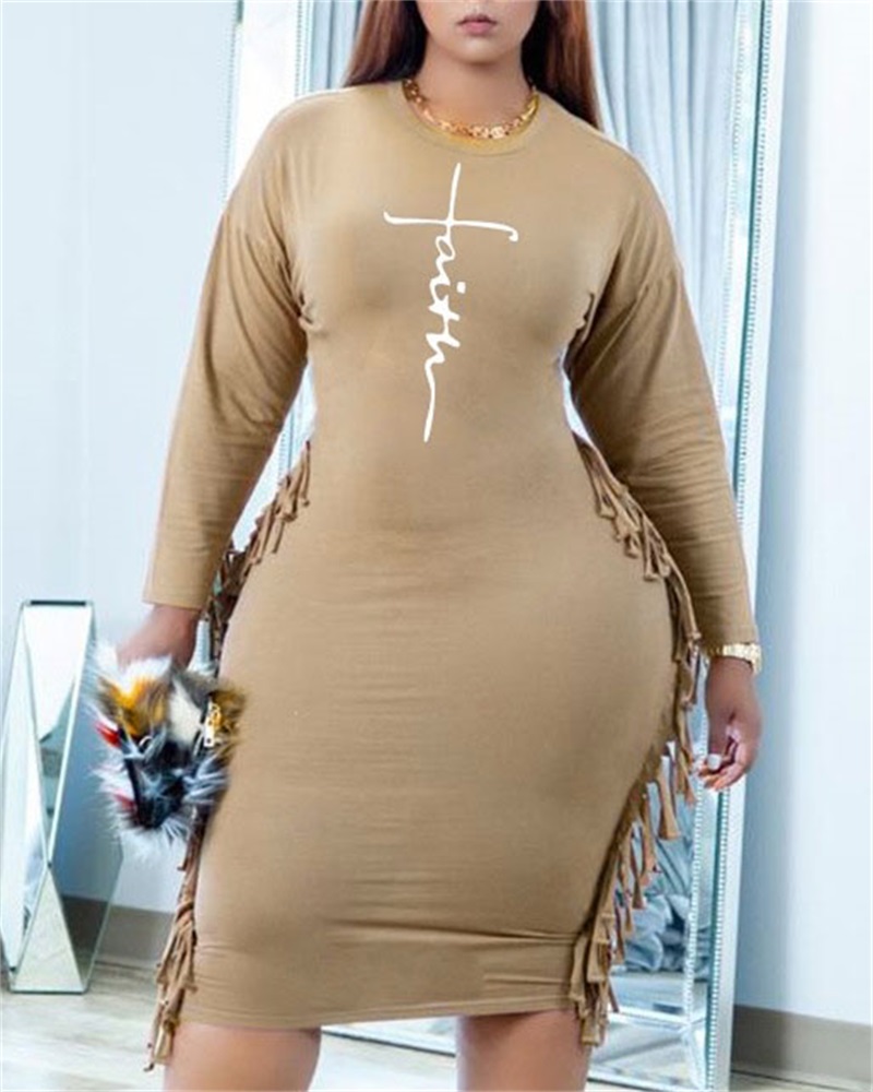 

Plus Size Letter Print Fringe Trim Long Sleeve Dress, Khaki