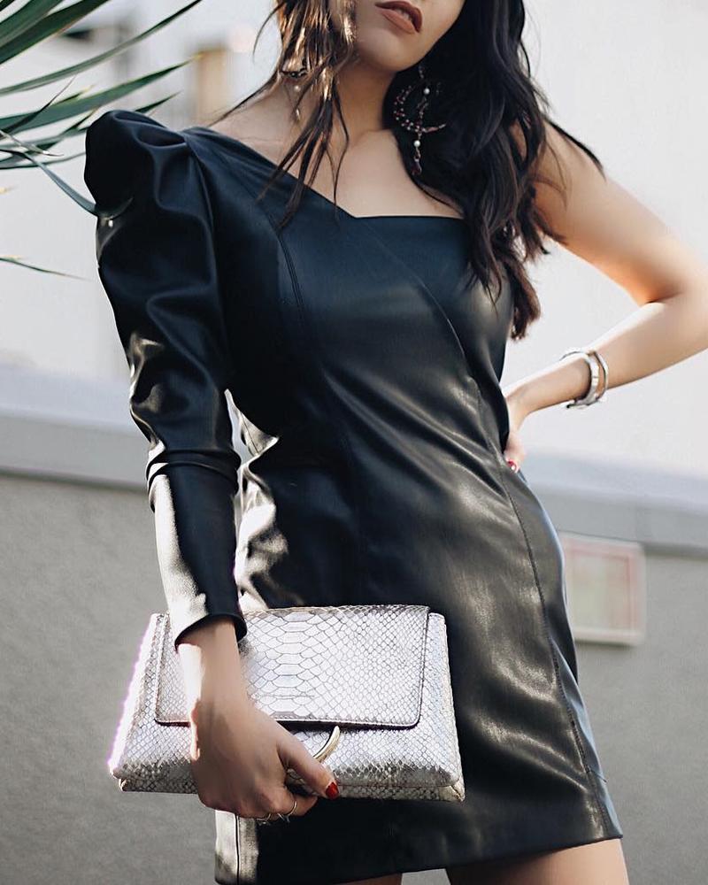 

Solid PU Puff Sleeve Ruched Bodycon Dress, Black